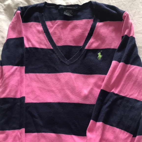 Polo Ralph Lauren Sport V Neck Sweater in Pink and Blue Horizontal Stripes. - Picture 2 of 6
